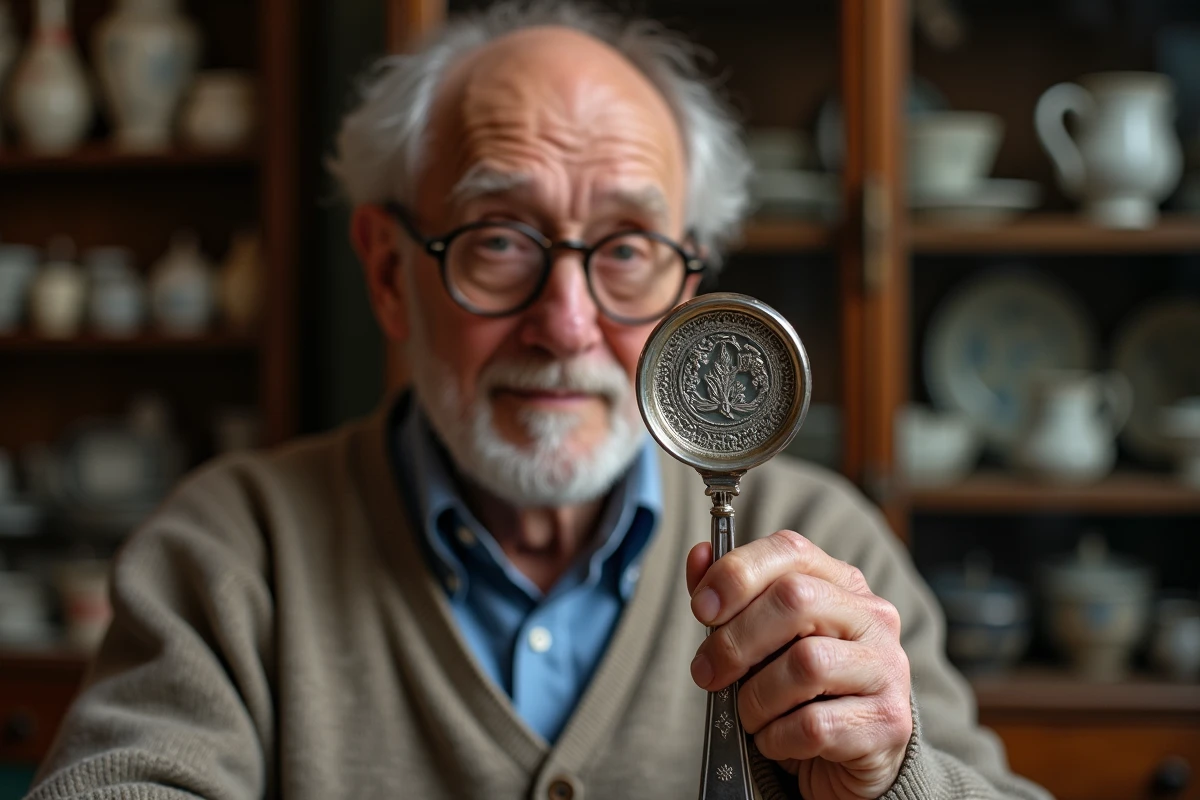 Homme âgé examinant des hallmarks sur une fourchette en argent