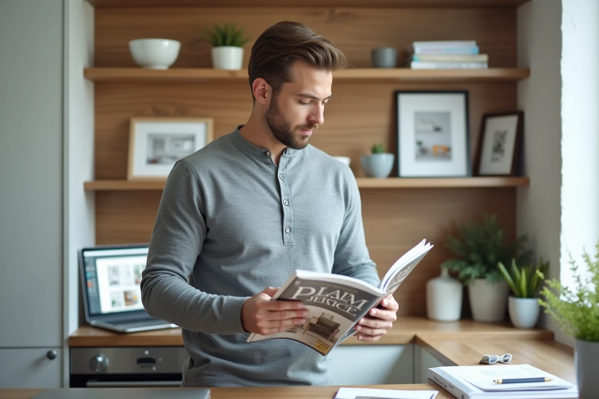 Homme consultant un abonnement magazine décoration maison dans un coin bureau intégré à une cuisine