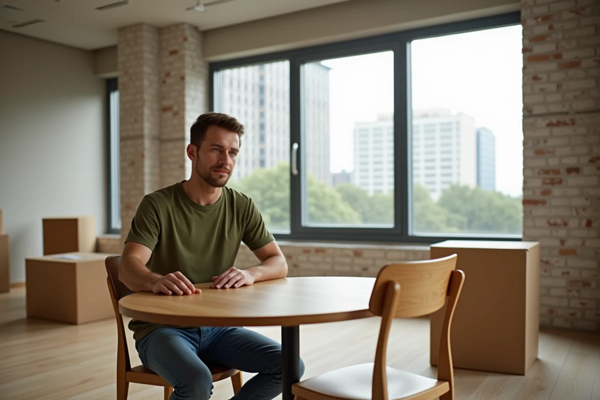 Jeune homme assemblant une chaise dans un appartement urbain