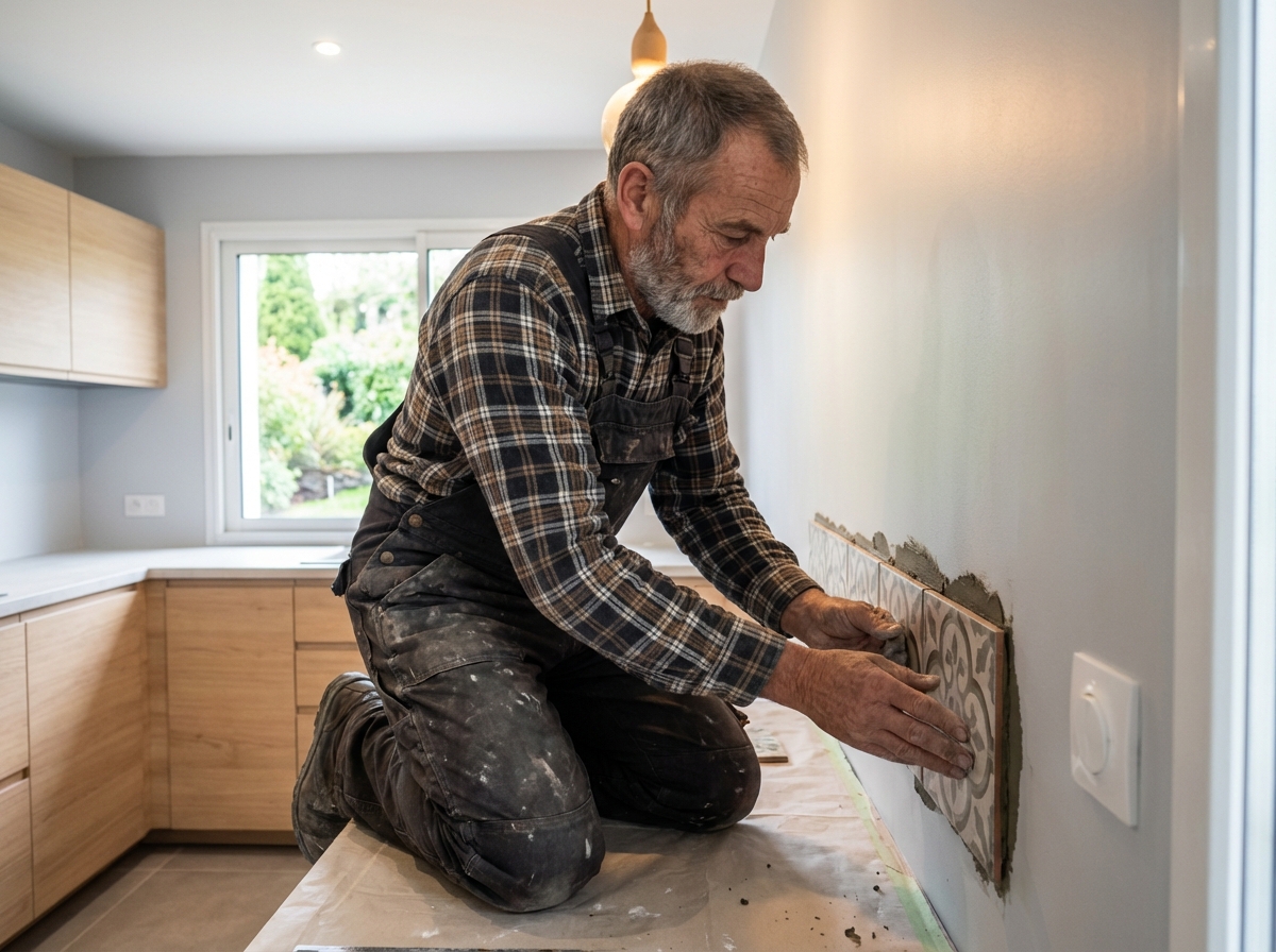 Homme installe un carrelage decoratif dans une cuisine rennaise