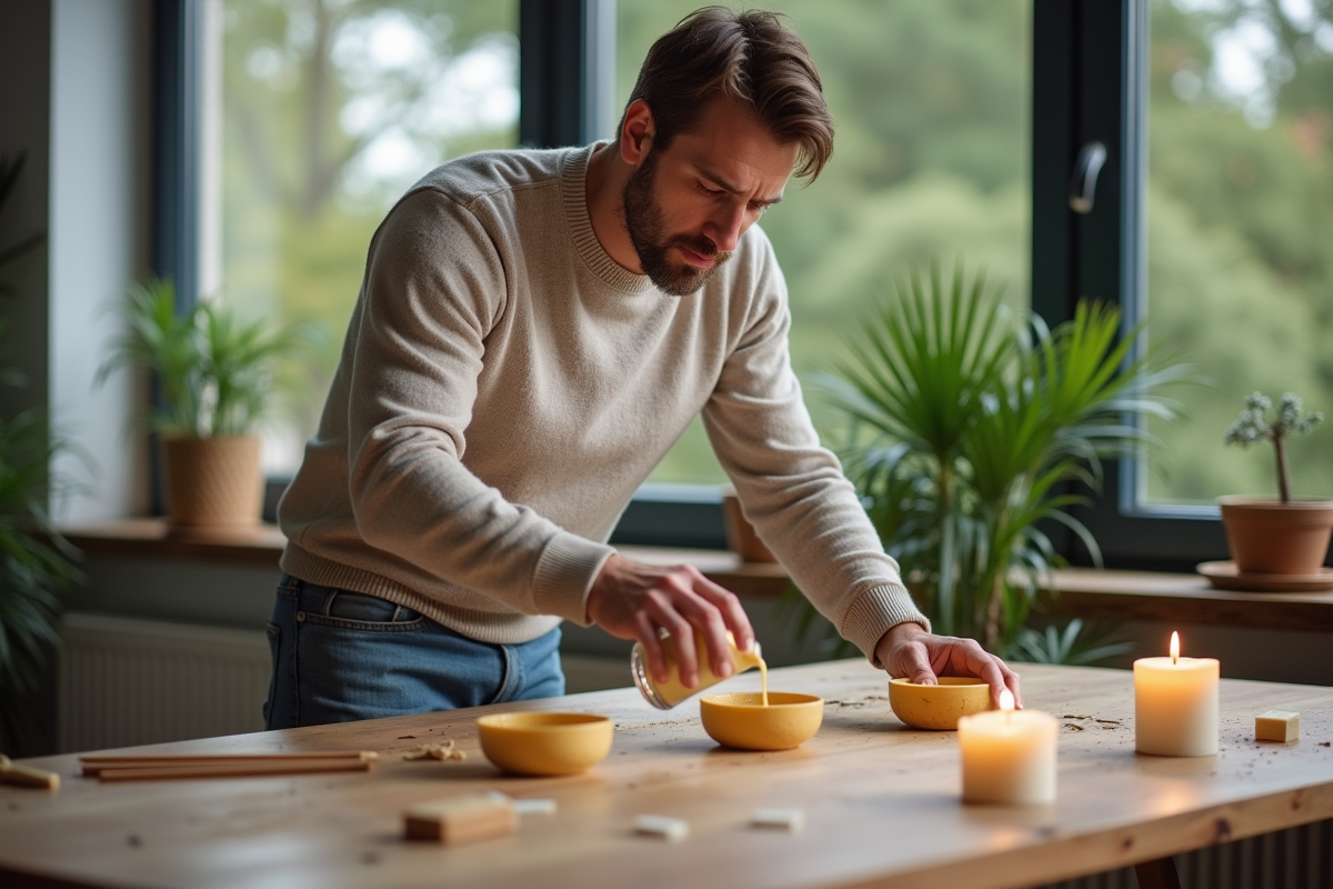 Homme verse de la cire fondue dans des moules à bougies