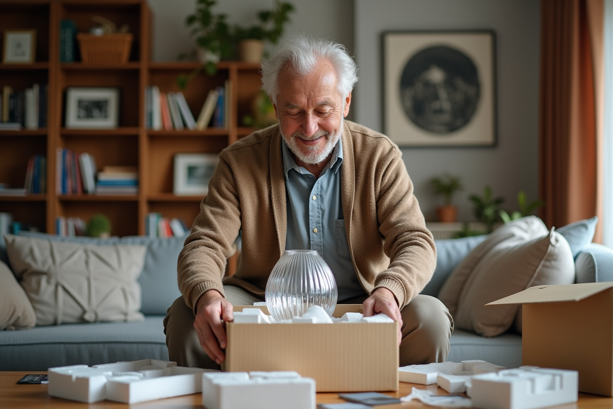 Homme âgé emballant un vase en cristal dans une pièce chaleureuse