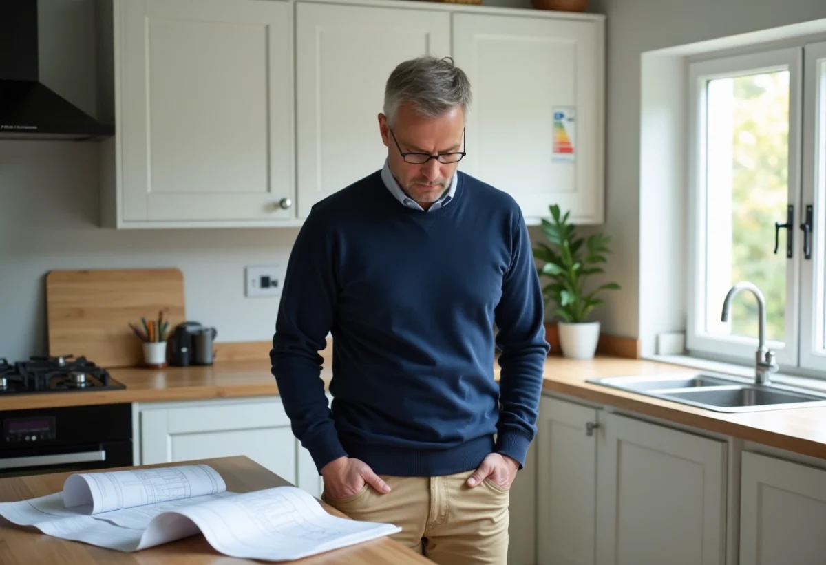 Homme en cuisine examinant des plans d'énergie rénovation