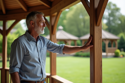 Homme regardant un poteau de gazebo en bois dans un jardin