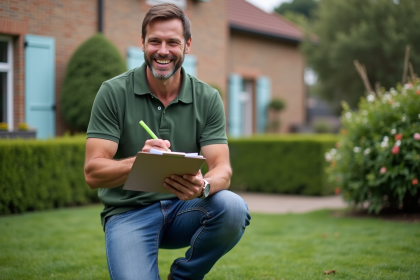Homme souriant dans son jardin bien entretenu