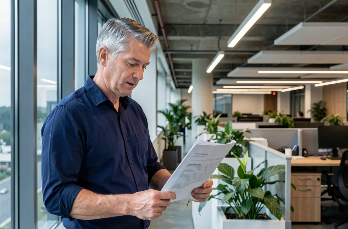 Homme debout dans un open space moderne examinant des documents sous un éclairage de bureau artificiel influençant la concentration au travail