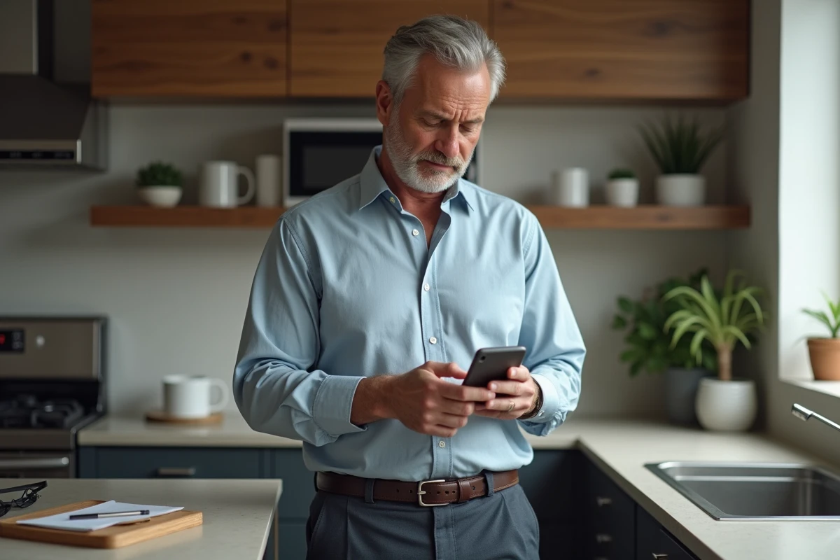 Homme d age moyen consulte insurance maison dans la cuisine