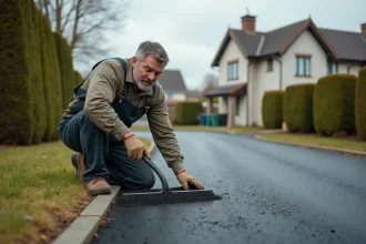 Homme en salopette travaillant sur une voie asphaltée