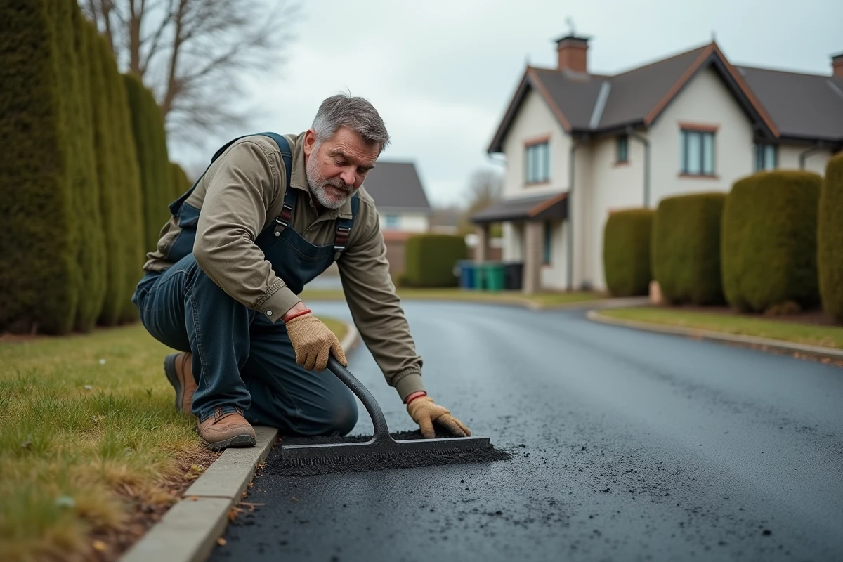 Homme en salopette travaillant sur une voie asphaltée