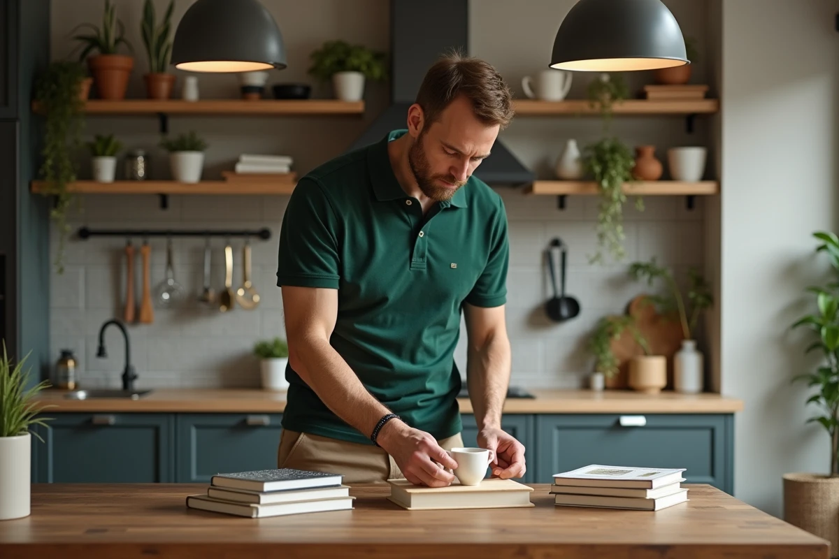 Homme arrangeant des livres dans une cuisine moderne