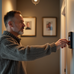 Chauffer efficacement une maison pour économiser : conseils pratiques et astuces simples Homme d'âge moyen ajustant un thermostat numérique dans un couloir moderne