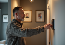 Chauffer efficacement une maison pour économiser : conseils pratiques et astuces simples Homme d'âge moyen ajustant un thermostat numérique dans un couloir moderne