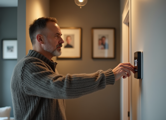 Chauffer efficacement une maison pour économiser : conseils pratiques et astuces simples Homme d'âge moyen ajustant un thermostat numérique dans un couloir moderne