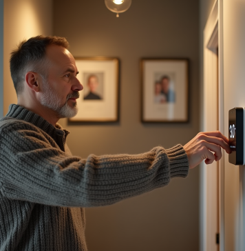 Chauffer efficacement une maison pour économiser : conseils pratiques et astuces simples Homme d'âge moyen ajustant un thermostat numérique dans un couloir moderne