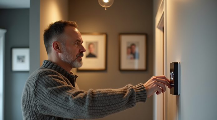 Chauffer efficacement une maison pour économiser : conseils pratiques et astuces simples Homme d'âge moyen ajustant un thermostat numérique dans un couloir moderne