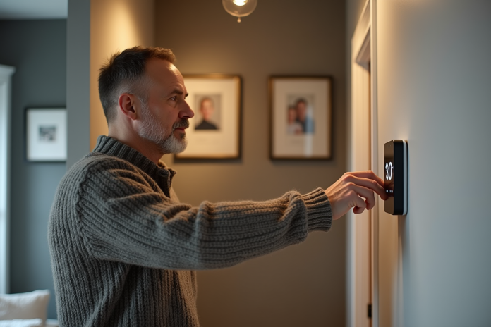 homme-reglant-thermostat-maison Homme d'âge moyen ajustant un thermostat numérique dans un couloir moderne