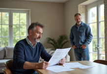 Changement de fenêtre : déduction fiscale et avantages à connaître ! Homme en jeans et pull bleu examine des documents de renovation