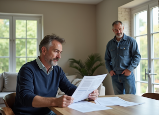 Homme en jeans et pull bleu examine des documents de renovation