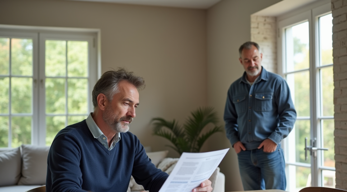 Changement de fenêtre : déduction fiscale et avantages à connaître ! Homme en jeans et pull bleu examine des documents de renovation