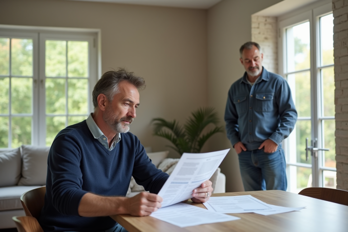 homme-renovation-fenetre Homme en jeans et pull bleu examine des documents de renovation
