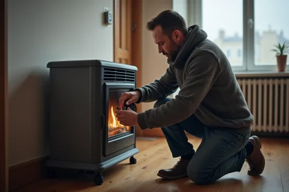 Homme d'âge moyen répare un chauffage gaz dans un salon