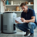 Prix d’un chauffe-eau thermodynamique : quelles économies espérer ? Homme examinant une pompe à chaleur moderne dans un local propre
