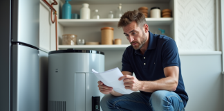 Homme examinant une pompe à chaleur moderne dans un local propre