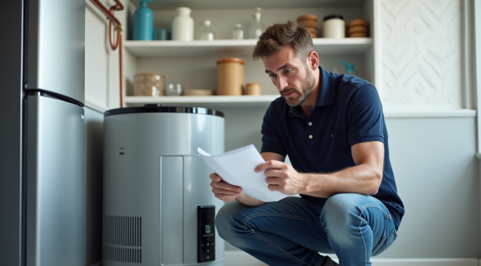 Prix d’un chauffe-eau thermodynamique : quelles économies espérer ? Homme examinant une pompe à chaleur moderne dans un local propre
