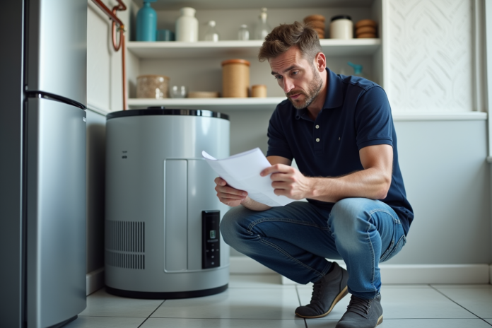 homme-thermopompe-energie Homme examinant une pompe à chaleur moderne dans un local propre