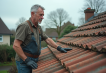 Homme d'âge moyen examinant un toit en amiante vieillissant