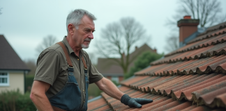 Homme d'âge moyen examinant un toit en amiante vieillissant