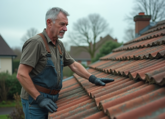 Décote toiture amiantée : comprendre l’impact sur la valeur de votre bien Homme d'âge moyen examinant un toit en amiante vieillissant