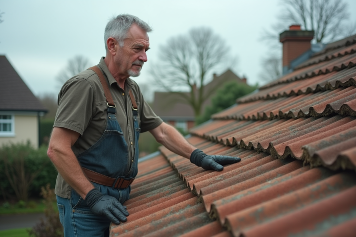 Homme d'âge moyen examinant un toit en amiante vieillissant