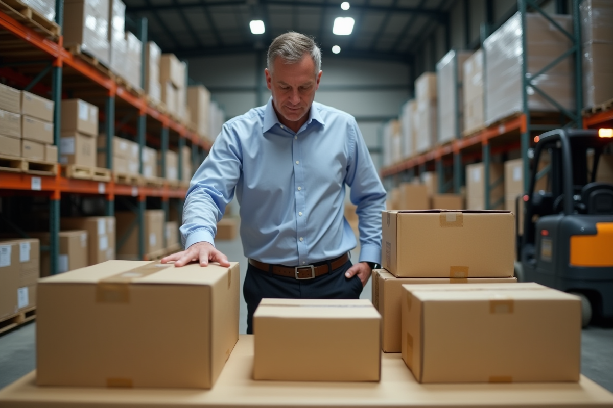 Homme inspecte des cartons dans un entrepôt industriel