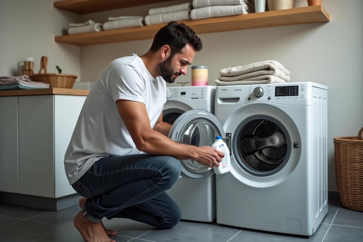 Homme versant de la lessive liquide dans le bac d'un lave-linge dans une buanderie