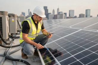 Ingénieur solaire inspectant un nouveau panneau photovoltaïque sur un toit urbain avec une tablette numérique