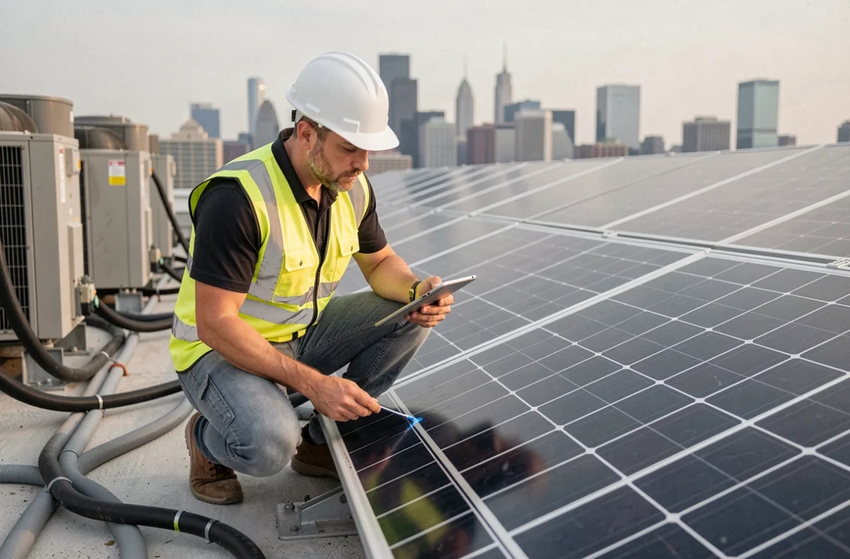 Ingénieur solaire inspectant un nouveau panneau photovoltaïque sur un toit urbain avec une tablette numérique