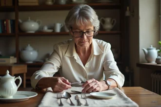 Femme française inspectant de l'argenterie ancienne