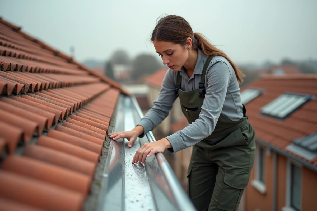 Femme inspectant une gouttière zinc sur un toit en tuiles