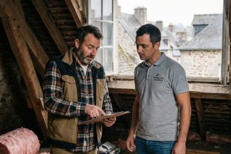 Hommes inspectant l'isolation dans un grenier rénové