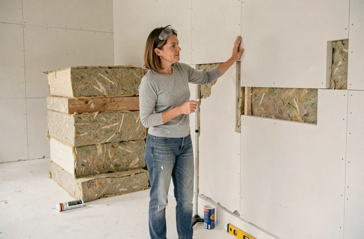 Femme inspectant un mur en placo isolé avec laine minérale apparente dans une pièce en cours de rénovation