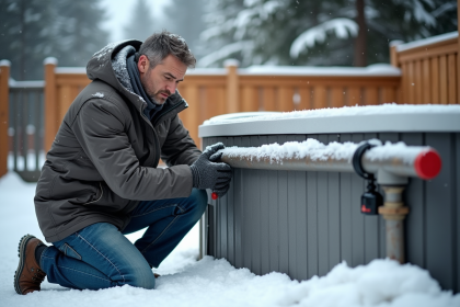 Homme inspectant des tuyaux extérieurs d'un spa en hiver