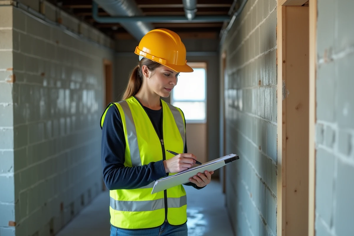 Inspectrice du bâtiment vérifiant la conformité d'une isolation murale en sous-sol avec panneau rigide homologué