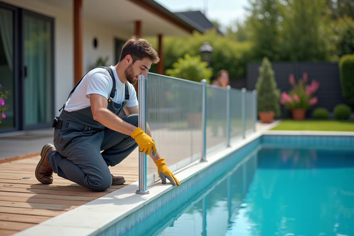 Installateur mesurant une barrière de piscine en aluminium