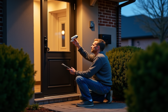 Homme installant une caméra de sécurité devant une maison