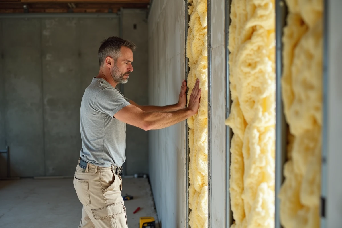 Ouvrier installant une cloison demi-stil avec isolation en laine minérale lors d'une rénovation énergétique intérieure