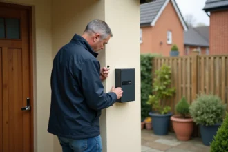 Homme installant un coffre à clé connecté sur le mur extérieur d'une maison individuelle