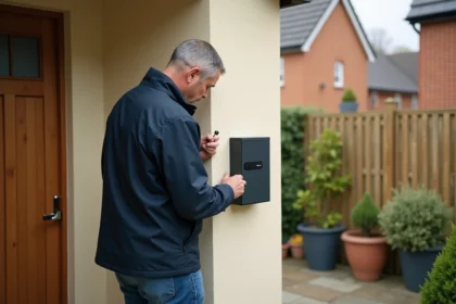 Homme installant un coffre à clé connecté sur le mur extérieur d'une maison individuelle