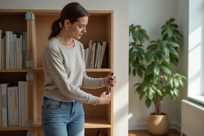 Femme installant des supports de sécurité sur une étagère en bois
