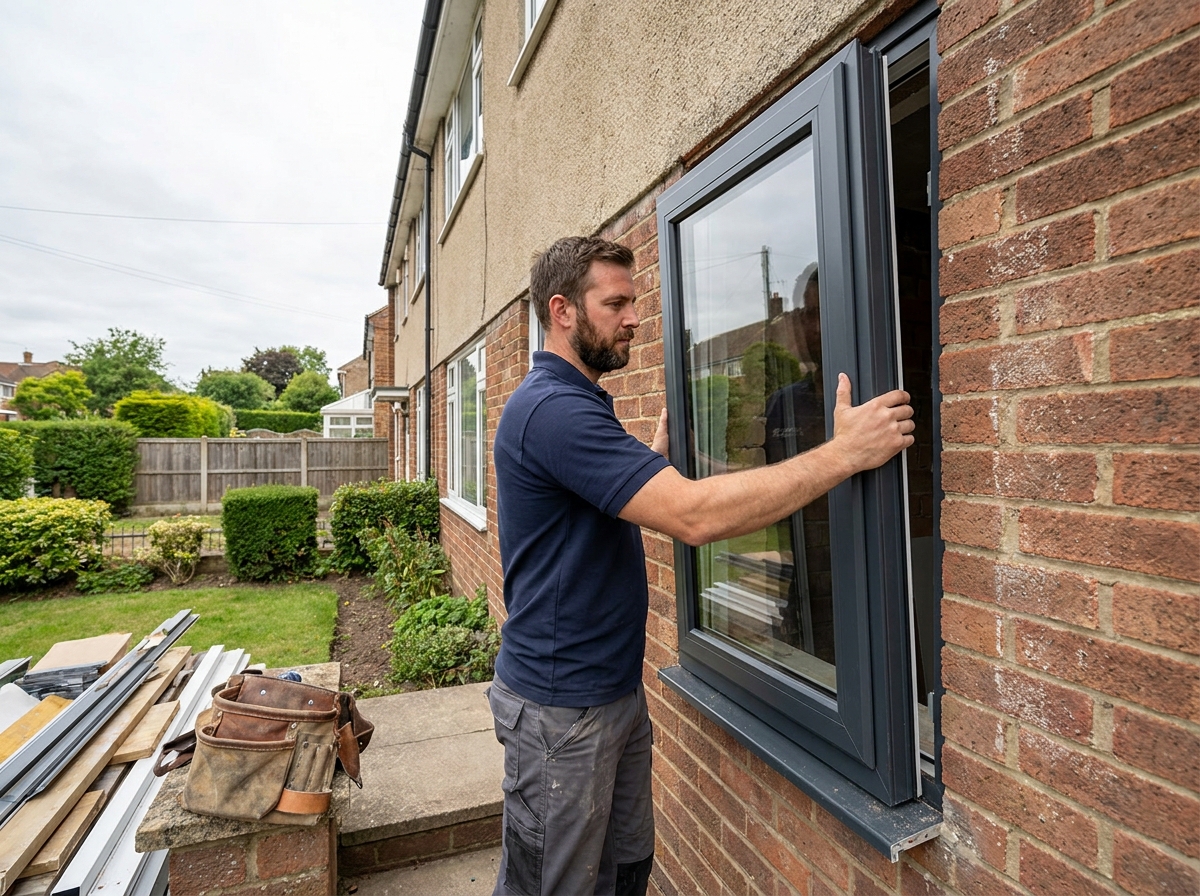 Installateur posant une nouvelle fenêtre à triple vitrage sur la façade d'une maison de banlieue, démontrant le processus de remplacement des menuiseries pour une meilleure isolation phonique et thermique